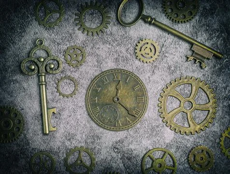 Steampunk style image with a clock, keys, cogs and gears. Stock Photos