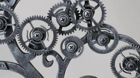 Steampunk style tree made of silver colored gears. Mechanical selection of na Stock Photos