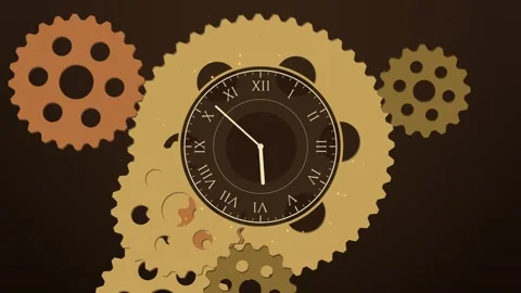 Steampunk time machine with brass cogs turning behind an ornate dial and flying 库存影片 348647162