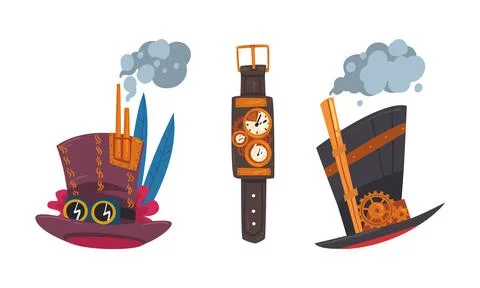 Steampunk top hat and mechanical wrist watch cartoon vector illustration 스톡 일러스트