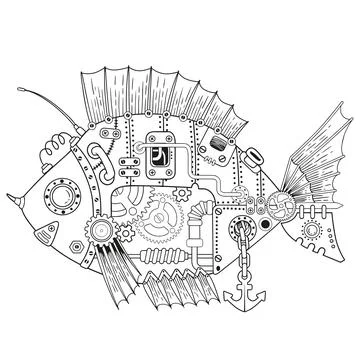 Steampunk vector coloring page. Vector coloring book for adult for relax and  Stock Illustration