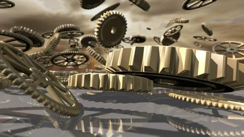 Steampunk vintage clockwork wheels fallen down. 3D rendering Stock Illustration