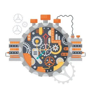 Steampunk vintage Cogs and clock face of watches isolated on white. Vector Stock Illustration