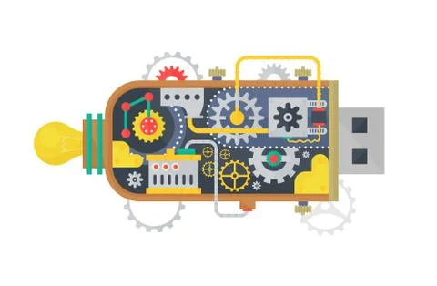 Steampunk vintage USB flash drive with different small gears and lamps inside Stock Illustration