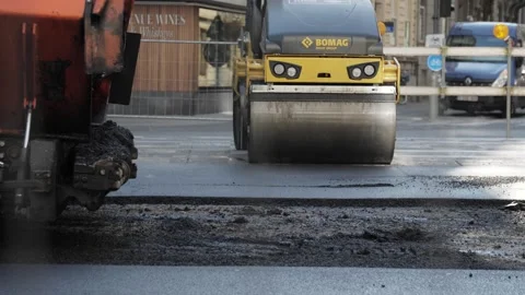 Steamroller Compacts Fresh Asphalt Stock Footage 304871243