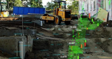 Steamroller entering right on construction site activating green dots then chart Stock Footage 310863775