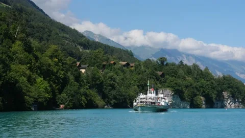 Steamship ms. Lotschberg approaching Ringgenberg near Interlaken, Switzerland Stock Footage 138258949