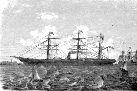The steamship Postdampfer Austria in front of the fire digitally restored Stockillustratie