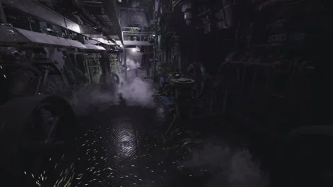 Steamy service passage with slick flooring and drifting mist Stock Footage 343626424
