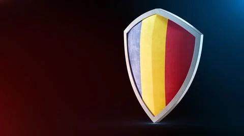 Steel armor painted as Romania flag. Protection shield and safeguard concept. Stock Illustration