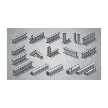 Steel beam construction elements: i-beam, l-beam, h-beam, channel Ilustración de archivo