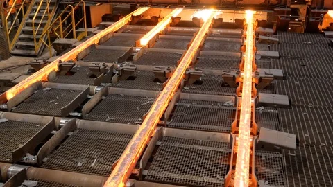 Steel billets continuous casting at a metallurgical plant. Stock Footage 109394574