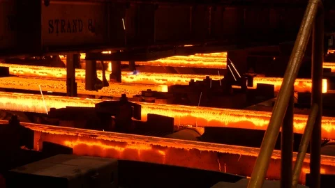Steel billets continuous casting at a metallurgical plant. Stock Footage 109394575