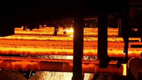 Steel billets continuous casting at a metallurgical plant. Stock Footage 109394601