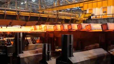 Steel billets continuous casting at a metallurgical plant. Stock Footage 109394691