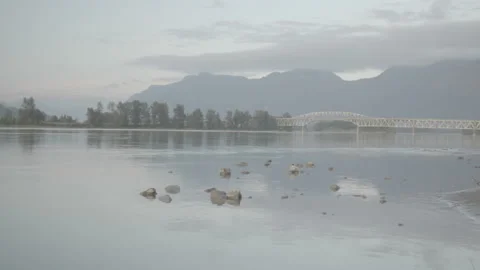 Steel Bridge Over River in Forest with Mountains Behind Stock Footage 164331222