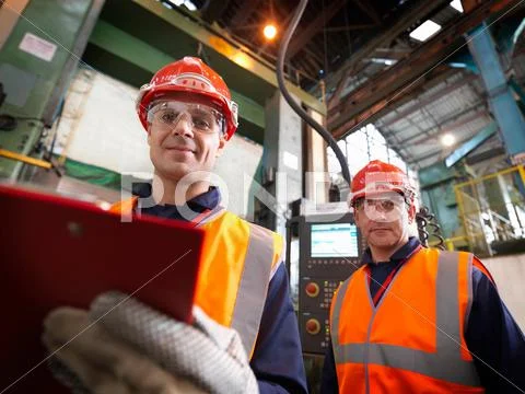 Steel Engineers In Plant With Clipboard