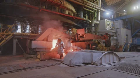 Steel foundry. Spacious workshop with a large metallurgical furnace. Stock Footage 311160961