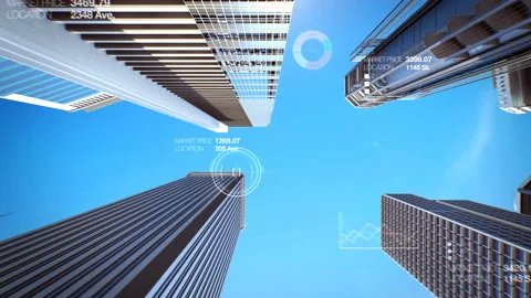 Steel frame and construction smart city IoT building with UI,  Day time. 4k. Stock Footage
