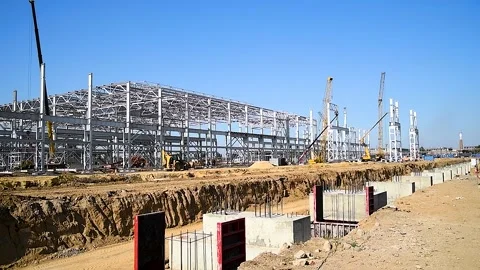 Steel frame structure building construction site Stock Footage 272300003