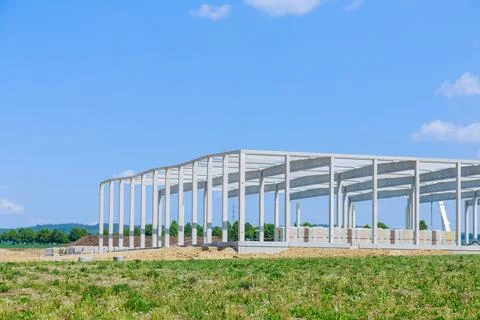 Steel frame structure. In the construction site, steel structure is under Stock Photos