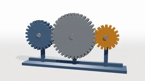 Steel gear train with three meshing gears turning together Stock Footage 340778630