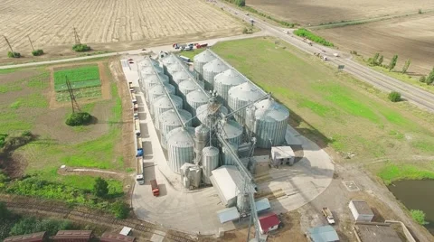 Steel grain silos elevators storage 4k aerial video. Agriculture industry Video stock 67320528