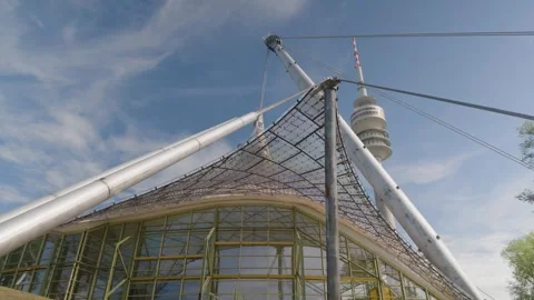 Steel Masts and Cable Net Roof Above Glass Facade, Low Angle Architecture Shot Stock Footage 343025813