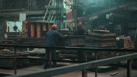 Steel mill warehouse workshop with workers. Industrial production manufacturing Stock Footage 170300331