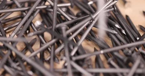 Steel nails for construction work, nails made of steel for working with wooden Stock Footage 280732940