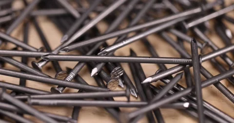 Steel nails for construction work, nails made of steel for working with wooden Stock Footage 281389385
