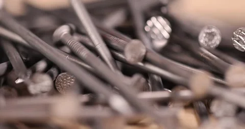 Steel nails for construction work, nails made of steel for working with wooden Stock Footage 281486698