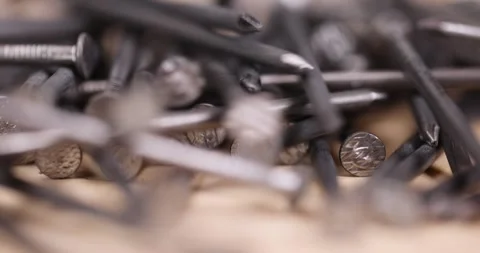 Steel nails for construction work, nails made of steel for working with wooden Stock Footage 286289984