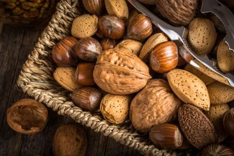 Steel nutcracker and nuts Stock Photos