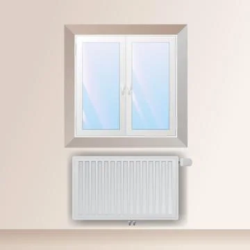 Steel panel radiator under the window. Heating equipment with thermostatic he Stock Illustration