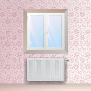 Steel panel radiator under the window. Heating equipment with thermostatic he Stock Illustration