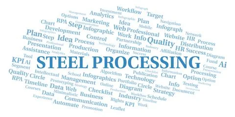 Steel Processing typography word cloud create with the text only. Illustrazione stock