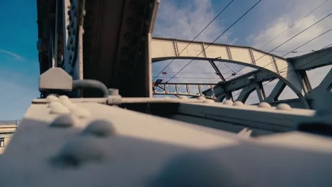 Steel rivet construction framework on Milos Sykora bridge Ostrava Stock Footage 319749914