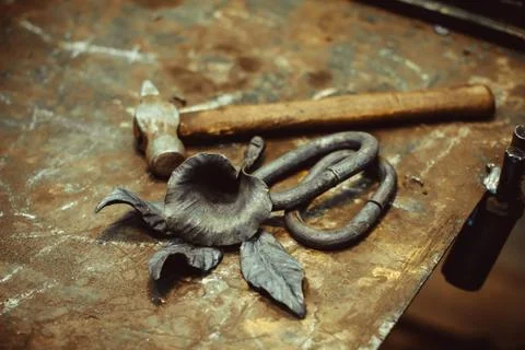 Steel rods and objects on a table, summer medieval fair, Streatham, London Stock Photos