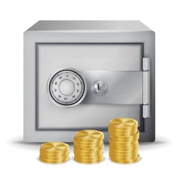 Steel Safe Security Concept Vector. Metal Safe, Coins And Money Banknotes Stacks Ilustración de archivo