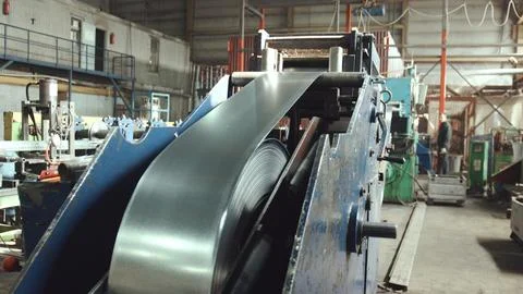 Steel sheet processing in industrial rolling machine manufacturing plant 写真素材