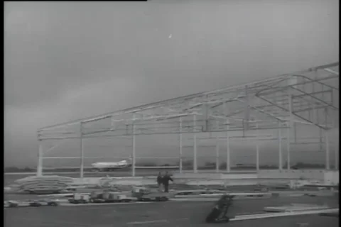 Steel skeleton constructed as a maintenance dock for B-52 aircraft - 1956 Stock Footage 99085682