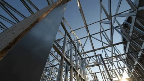 Steel Skeleton Frame Building Technology. Construction Site. Stock Footage