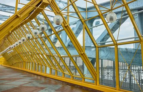 Steel structural elements inside Andreevsky pedestrian bridge, landmark: Mosc Stock Photos