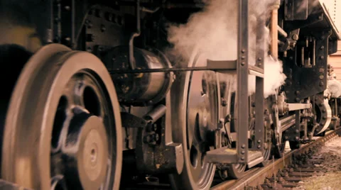 Steel wheels. steam engine train locomotive. nostalgic old technology Stock Footage 34539612