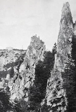 Steep and high rocks protrude from a wooded area, the Hexentanzplatz in the Harz Ilustração Stock