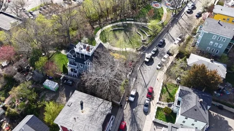 Steep Angle Aerial Flyover Dorchester Boston Neighborhood Homes Streets Parks Stock Footage 333487615