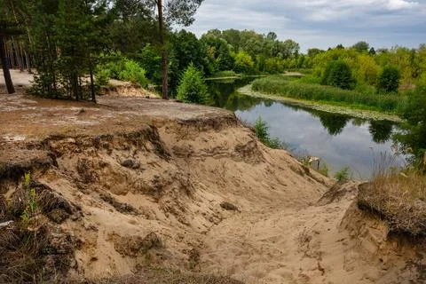 Steep, high sandy cliff with pine trees and lush greenery above the river Stock Photos