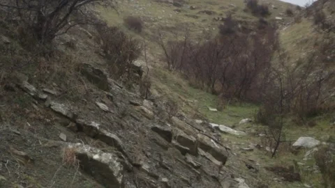 Steep hills on the seashore. The slopes between the hills are strewn with old Stock Footage 304876785