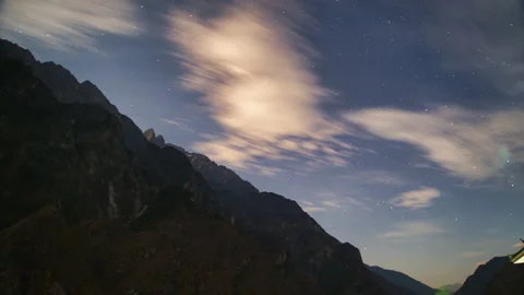 Steep mountain range There are stars and the Milky Way. moving clouds at night. Stock Footage 166018327